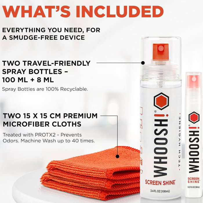 Whoosh Kit Limpiador de Pantallas DUO (100ml + 8ml + 2 Paños) Whoosh Kit Limpiador de Pantallas DUO (100ml + 8ml + 2 Paños)